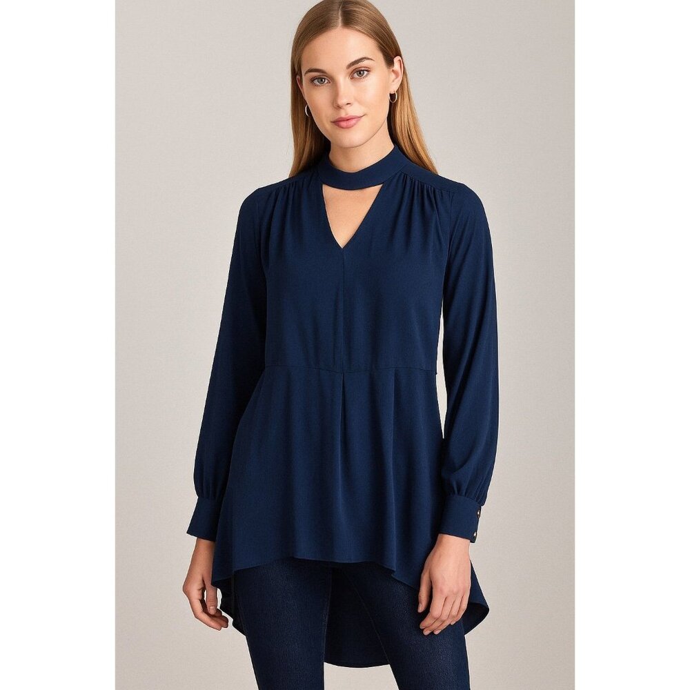 Vince Camuto Navy Pleated High-Low Blouse with Mock Neck | Size Small
